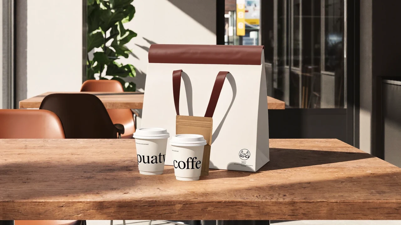 Illustration af kaffekampagne med kopper, bønner og sæsonens detaljer